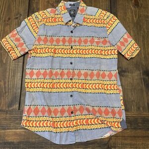 Volcom Men's Medium Aztec‎ Short Sleeve Button Down Shirt, Slim Fit, Geometric